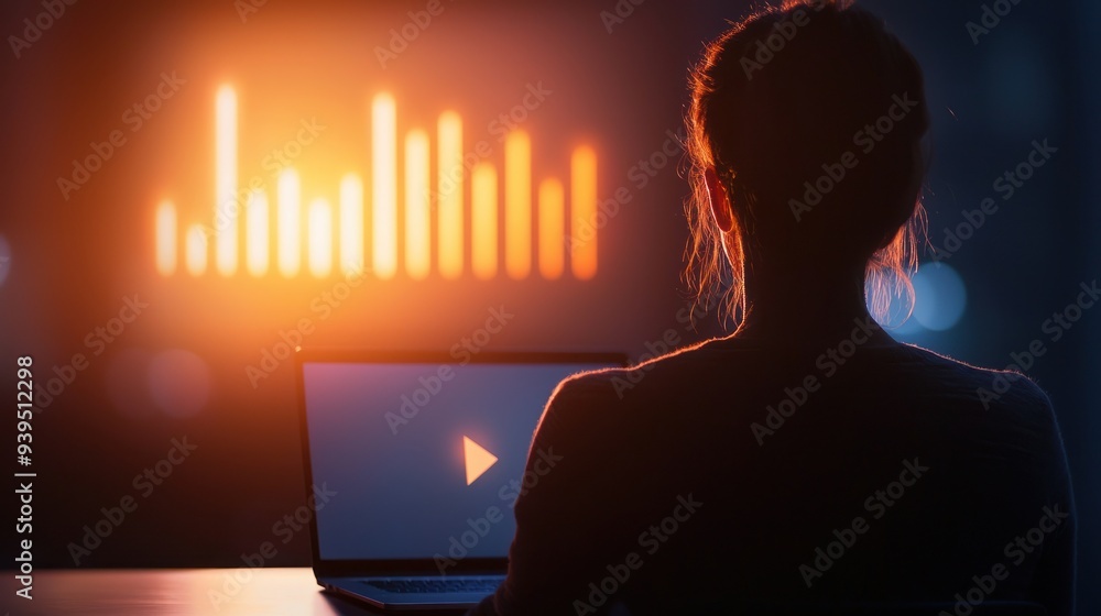 Poster a focused individual working on a laptop, illuminated by a glowing screen, showcasing data visualiza