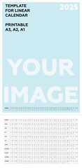 New Year 2025. Linear calendar with months. Vector printable template. A3, A2, A1 format. Week starts on Sunday. Annual calendar planner. Vertical orientation. Agenda organizer page. Christmas gift