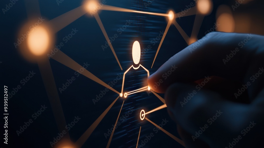 Poster a hand connecting nodes in a digital network, symbolizing communication and collaboration in technol