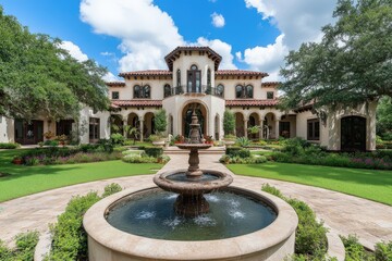A stunning luxurious villa with beautiful arched entrances and a central fountain, surrounded by lush greenery and vibrant flowers, captured on a bright day.