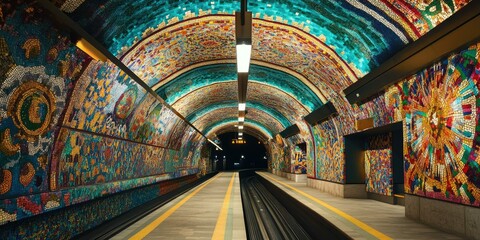 Colorful mosaic tunnel with train tracks.