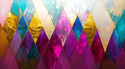 Radiant Diamond Fusion - Abstract geometric art in vibrant magenta, cyan, and gold hues on white backdrop symbolizing harmony and elegance.