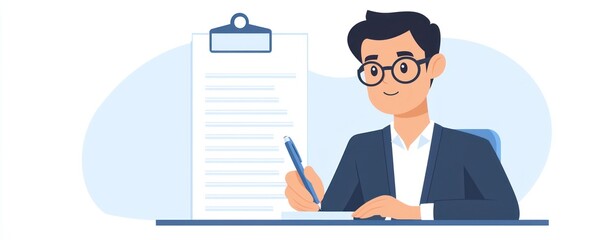 A professional man writing on a clipboard, showcasing productivity and organization in a modern workplace.