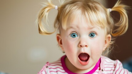 A little girl with blond hair and two ponytails looks surprised
