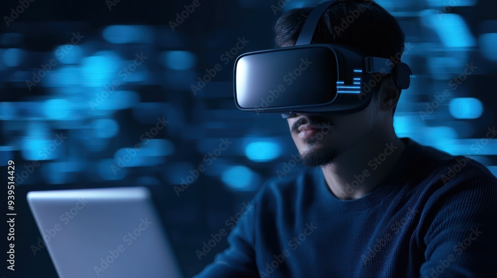 Poster a person engages with virtual reality technology, wearing a vr headset and using a laptop in a dynam