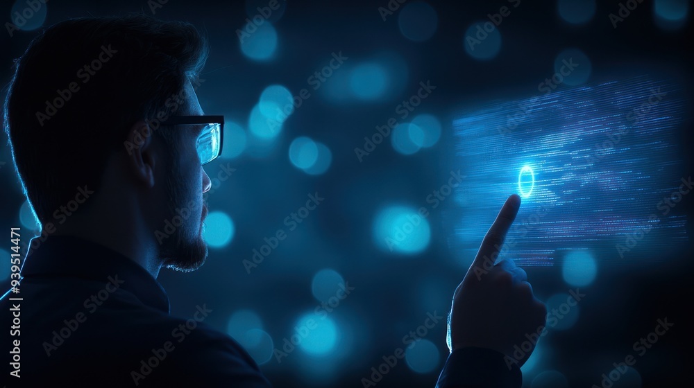 Poster a man interacts with digital technology, illuminated by blue light, exploring futuristic concepts th