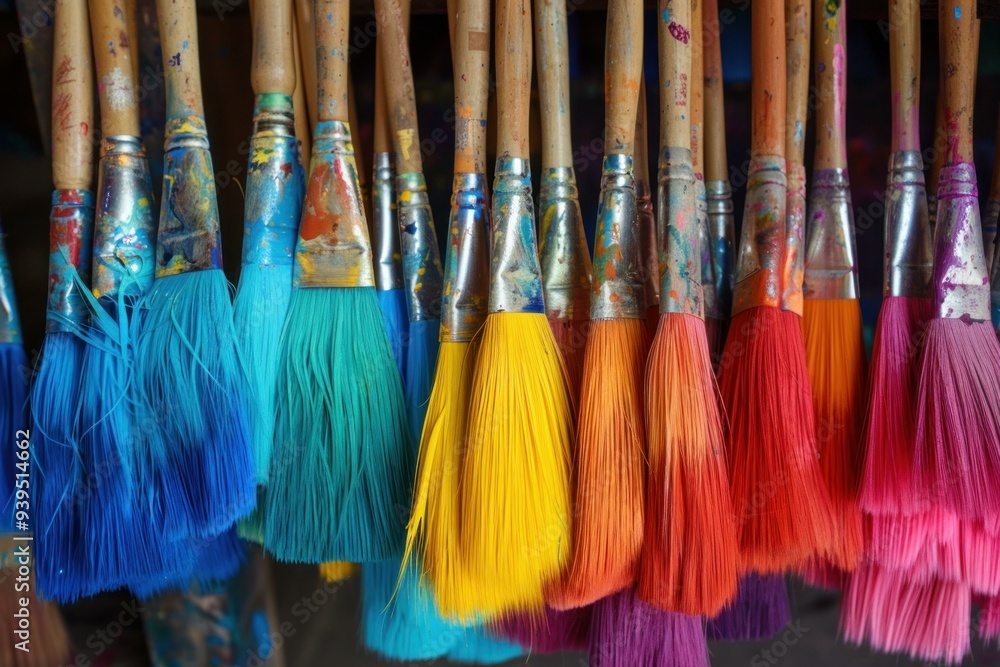 Poster many colorful paintbrushes are drying after use in an art studio