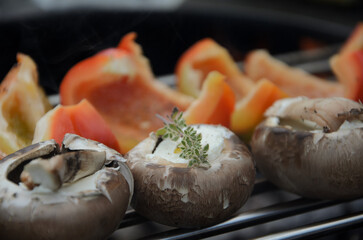 Veggie grill: vegetables on barbecue. Summer outdoor food preparation.