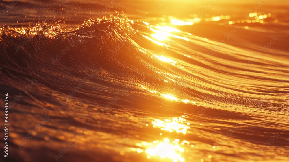 Poster Wide shot of rolling waves in a calm sea with the sun setting in the background, creating a golden reflection