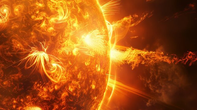 Dynamic solar activity  fiery plasma bursts and prominences showcasing the sun s powerful nature