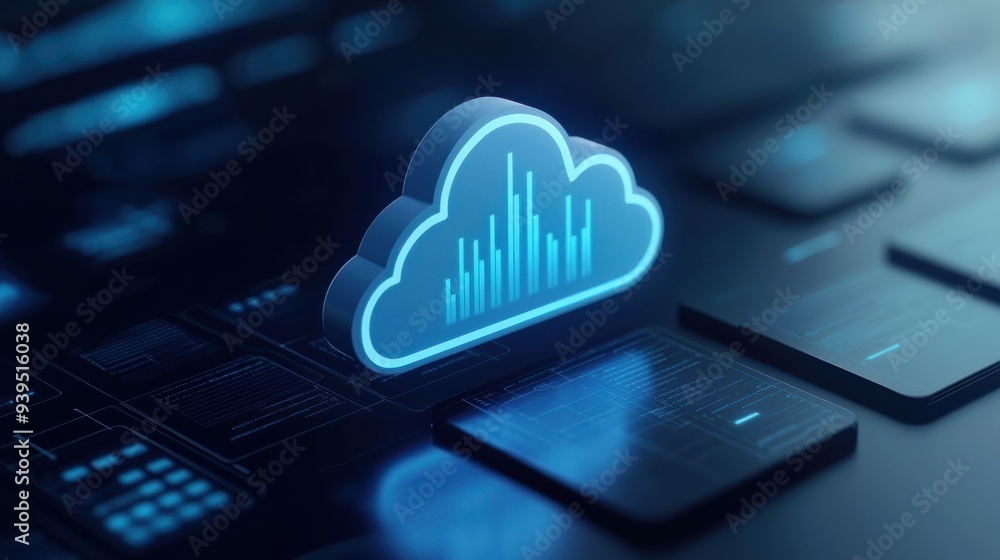 Aufkleber a futuristic cloud storage symbol on a digital keyboard, representing data management and technology
