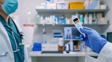 photograph of Photo of an infrared thermometer measuring a patient's temperature in a clean and quiet examination room.