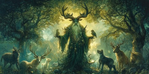 Forest spirit with antlers and animals.