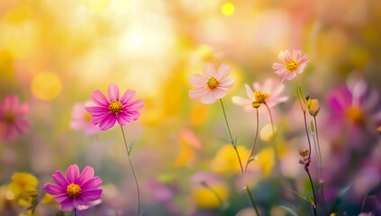 Blurry wildflower background with a dreamy, ethereal atmosphere and soft focus on foreground flowers.
