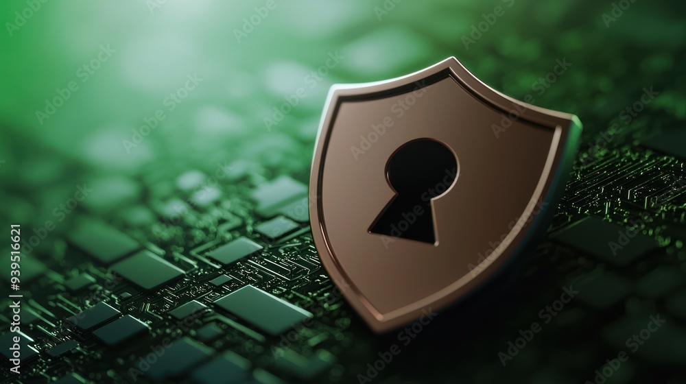 Poster a digital shield emblem with a keyhole, symbolizing security and protection in the cyber world. perf