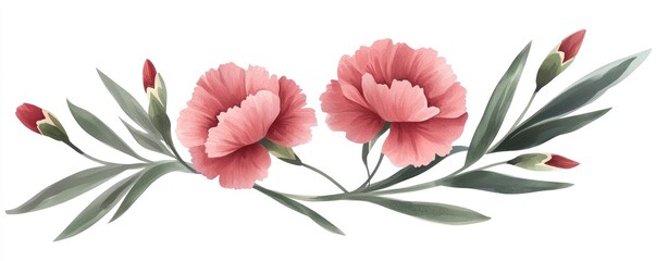 Obraz premium Delicate pink carnation floral arrangement with green leaves, perfect for enhancing any design or decoration.