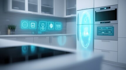 Obraz premium Futuristic kitchen with smart appliances featuring digital interfaces and interactive holograms for a modern lifestyle.