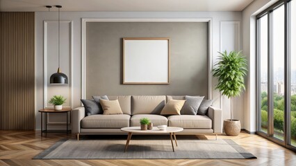 Fototapeta premium Stylish living room interior with modern sofa and large window, featuring a mockup frame on the wall , stylish, home, living room