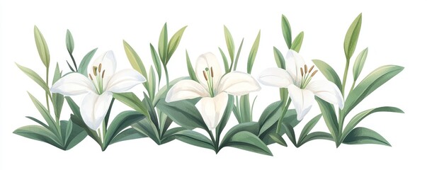 A delicate array of white lilies surrounded by lush green leaves, symbolizing purity and beauty in nature.
