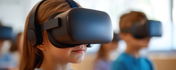 Children engaged in virtual reality experience, exploring technology and creativity in a classroom setting.