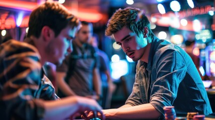 Photograph of two gamblers standing facing each other at a poker table. His eyes were hard and ready to place his final bet.