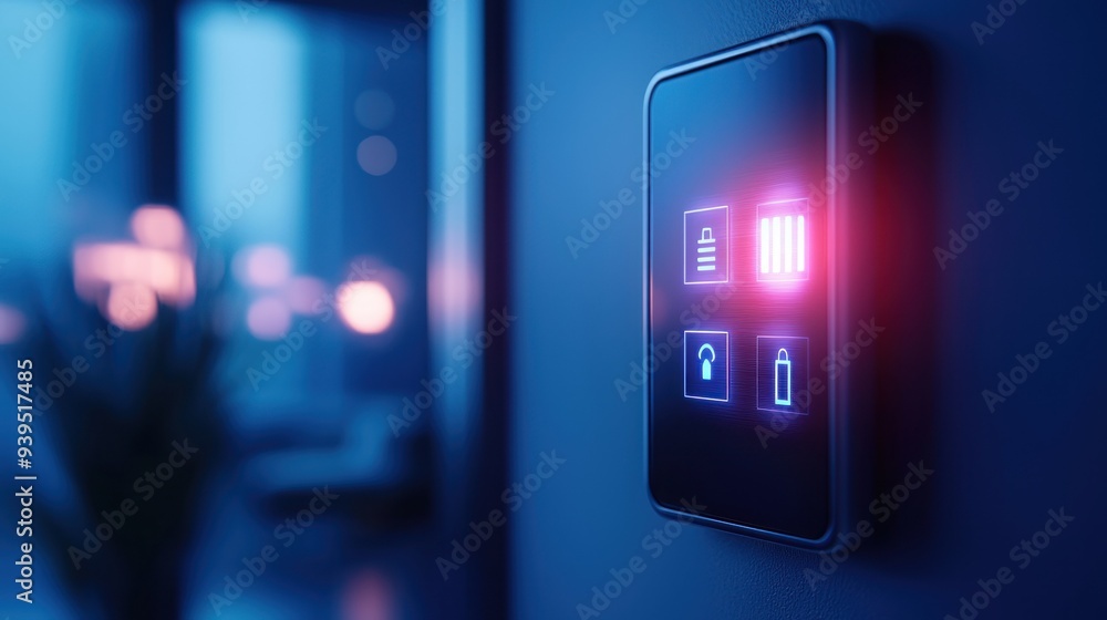 Poster a modern control panel with illuminated buttons, showcasing technology and innovation in a sleek env