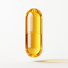 A 3D simple style icon of a translucent capsule filled with golden liquid floating with a soft shadow underneath representing a nutritional supplement