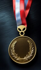 A gold medal with a laurel wreath design hangs from a red and white ribbon against a dark background.
