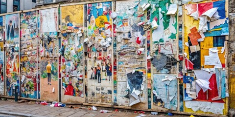Obraz premium Torn street advertisement posters collage background , urban, grunge, texture, creased, crumpled, ripped, paper, backdrop