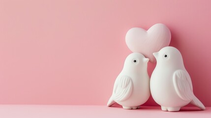 Sweet Lovebird Figurines and Heart on Pastel Pink Background with Copy Space Above for Text