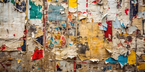 Fototapeta premium Old torn vintage street poster texture background with selective color, grunge, ripped, collage, creased, crumpled, worn