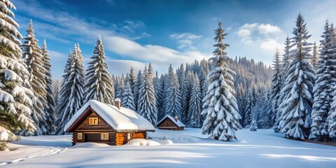 Snow-covered winter landscape with pine trees and a cozy cabin in the background, Winter, Christmas, Landscape, Snow, Snowy