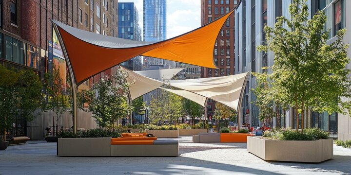 Urban oasis with orange shade sails and planters.