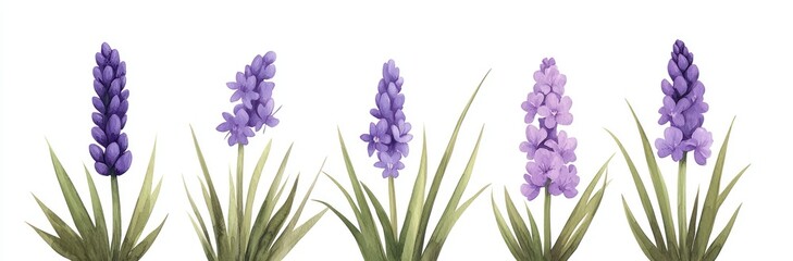 Obraz premium Beautiful lavender flowers arranged in a row, showcasing vibrant purple hues and lush green leaves on a clean white background.