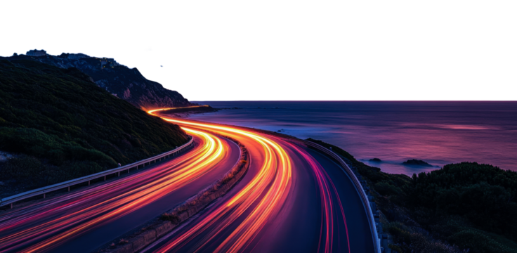 Winding coastal road with light trails at dusk, cut out - stock png.