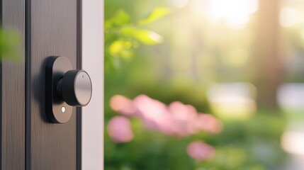 A close-up of a stylish door knob with a beautiful garden backdrop, symbolizing entry and welcome in a serene environment.