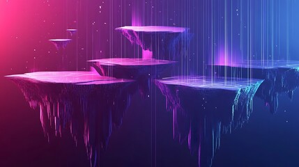 Ethereal Rose and Cobalt Floating Islands - Abstract Vector Illustration on Dark Purple Background