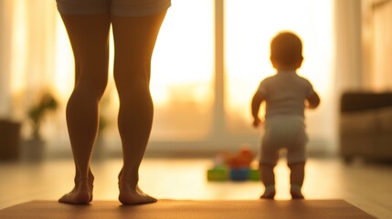 A serene moment of a mother and her baby silhouetted against a warm sunset, evoking feelings of love and tranquility.
