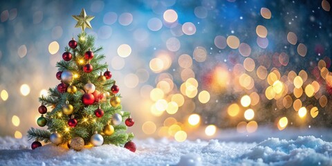 Obraz premium Blurred glowing lights of Christmas tree with ornaments on snowy background