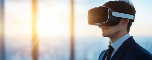 A professional man experiences virtual reality, exploring new worlds while wearing a sleek VR headset in a modern business environment.