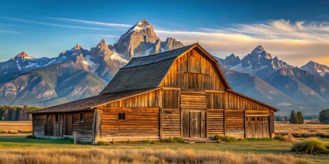 A rustic wooden barn in a peaceful rural setting with mountains in the background, rural, Western, barn, wooden, countryside
