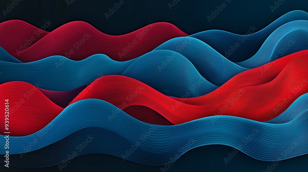 Poster luminescent ruby red and teal ocean waves - abstract vertical line vector art on dark azure backgrou