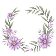 Obraz premium A beautiful floral wreath featuring delicate purple flowers and green leaves, perfect for invitations or home decor.