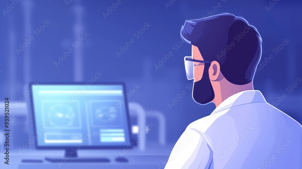 Poster a scientist observes data on a computer screen in a modern laboratory, showcasing innovation and tec