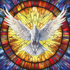 Flying white dove, colored church window, vector illustration