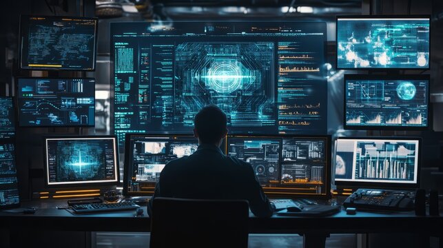 A data scientist working on a complex AI model, surrounded by screens displaying data visualizations and algorithms.