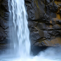 Waterfall Flowing Over Dark Rocks in a Misty Forest