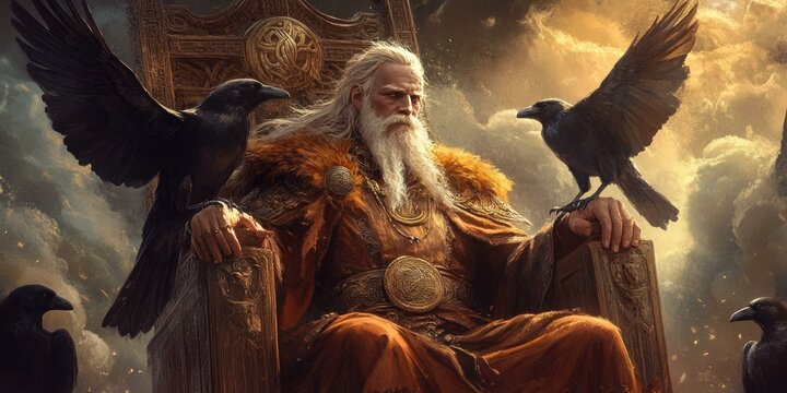 A man sits on a throne, flanked by ravens.