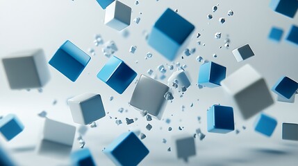 Futuristic Minimalist Cubes: Abstract 3D Render in Matte White and Electric Blue with Cinematic Lighting