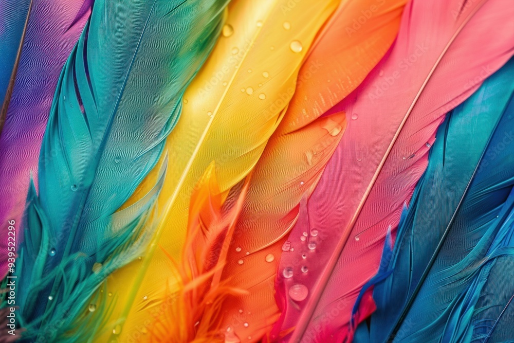 Poster macro photograph of colorful feathers with water droplets creating a vibrant background